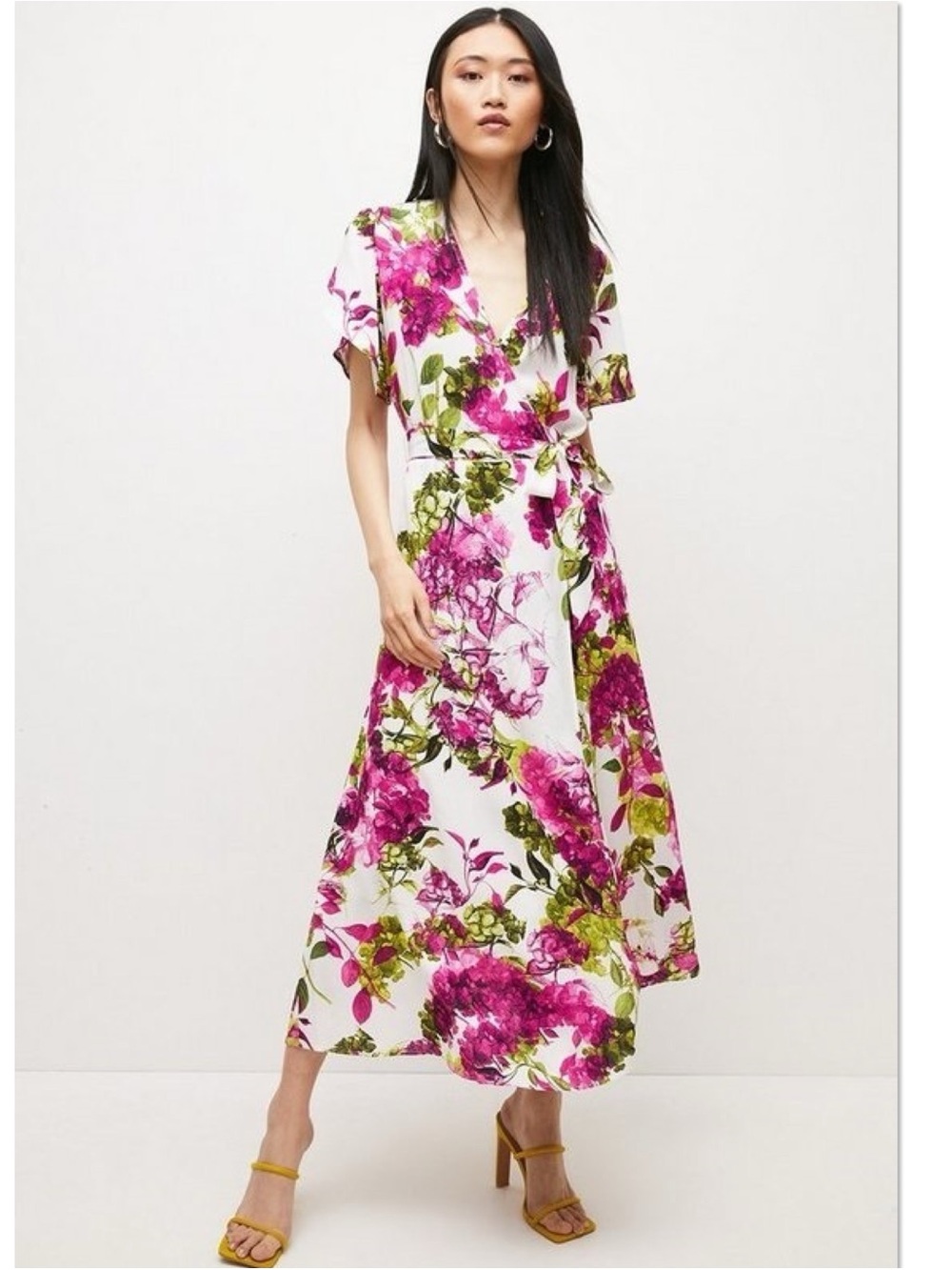 Karen Millen Floral Midi Wrap Dress US Size 8 Puff Sleeve Garden Party Church